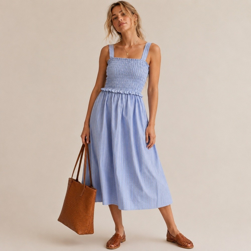 Old Navy Smocked Fit & Flare Midi Dress XL Blue White Striped Sleeveless NWT